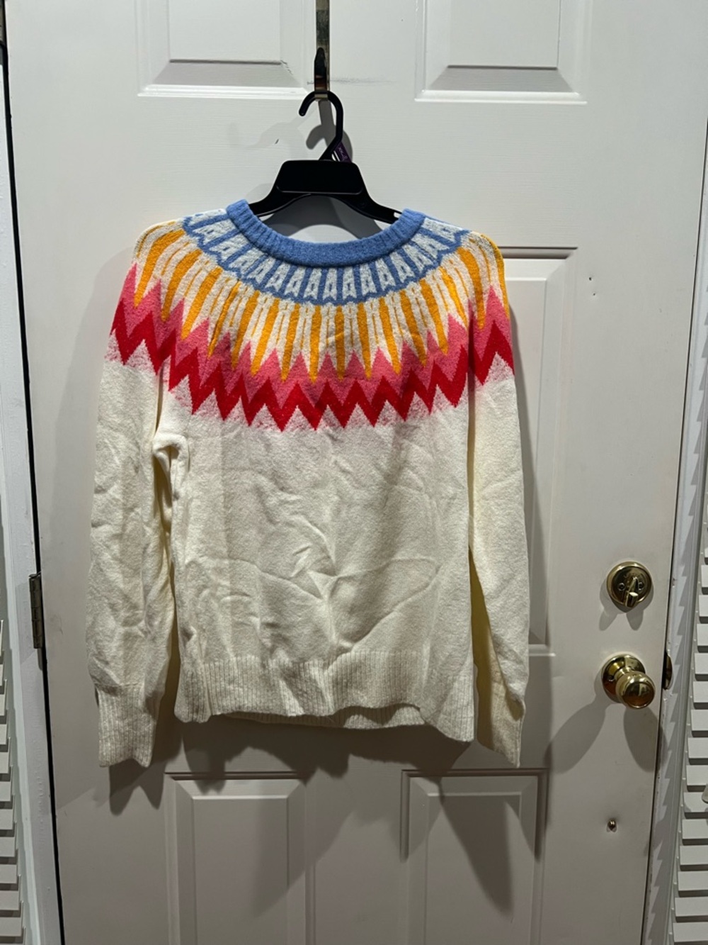 French Connection Fair Isle Cream Crewneck Sweater with Blue, Yellow & Pink Yoke
